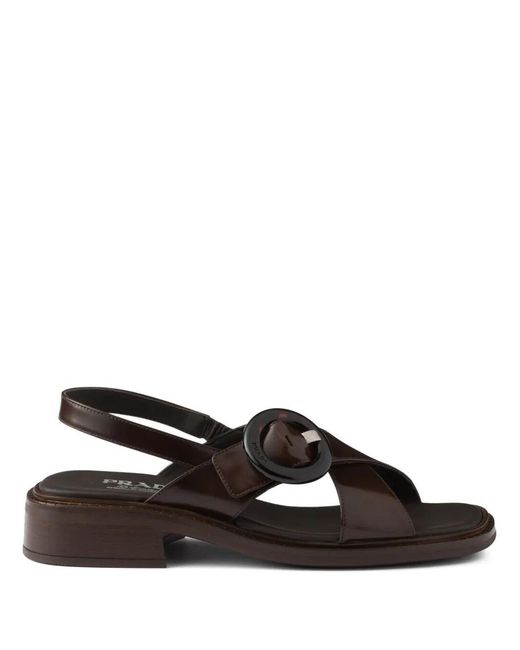 Prada Black Brushed Leather Crisscross Band Sandals With Plexiglas Buckle Shoes