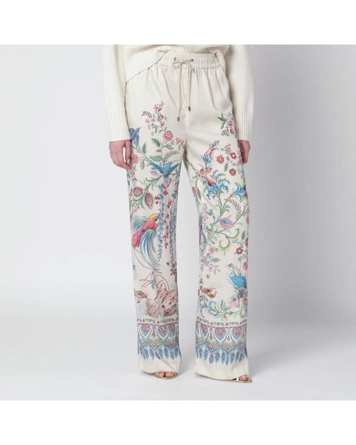 Etro White Wide-Leg Trousers With Floral Print