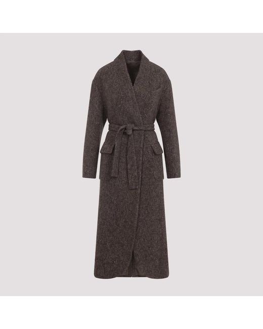 Brunello Cucinelli Brown Wool And Cashmere Diagonal Mélange Coat With Belt And Necklace