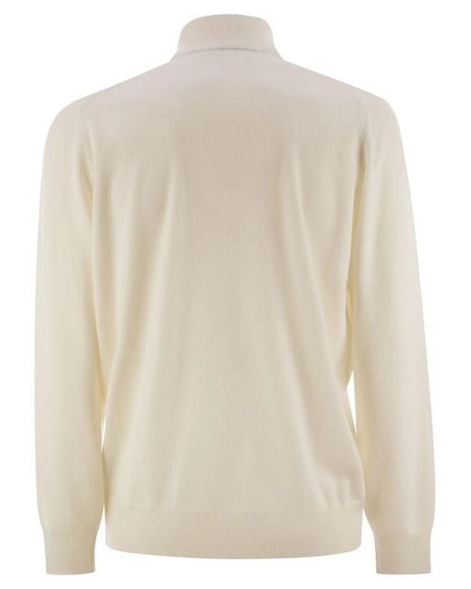 Brunello Cucinelli White High-Necked Cashmere Sweater With Zip Opening for men