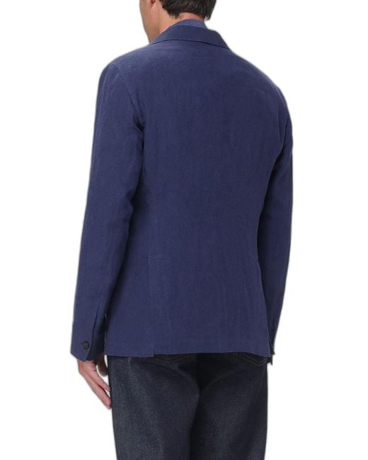 Emporio Armani Blue Linen Notched Lapel Blazer for men