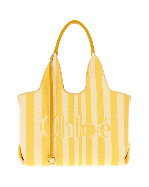 Chloé Yellow 37Cm Striped Embroidered Canvas Shopping Handbag