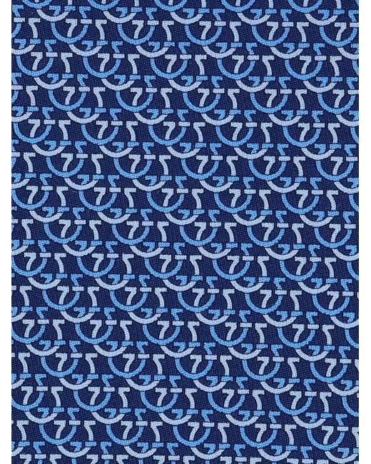 Ferragamo Blue Silk Tie With Circle Gancini Print for men