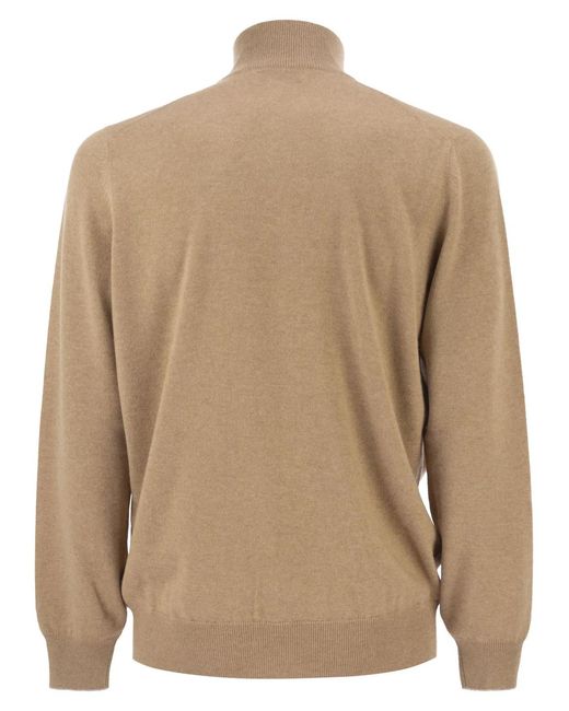 Brunello Cucinelli Brown Cashmere Turtleneck Sweater With Zipper for men