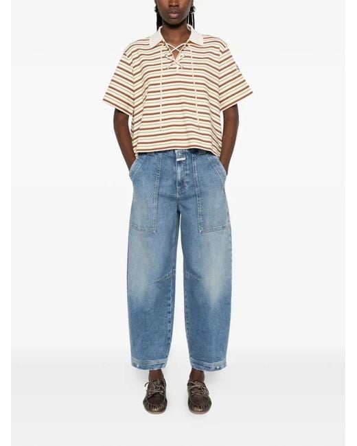Moncler White Polo Rayé Crop À Lacets Marron Et Vert