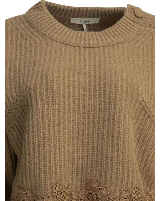 Chloé Natural Crew-Neck Sweater With Lace