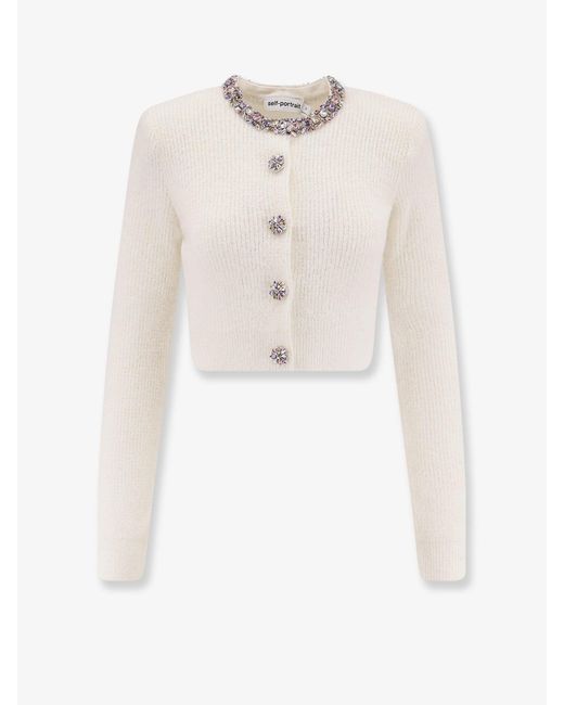 Self-Portrait White Alpaca Blend Cardigan With Rhinestones