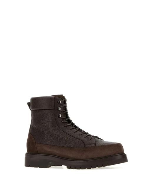 Brunello Cucinelli Brown Grained Leather And Suede Lace-Up Boots for men