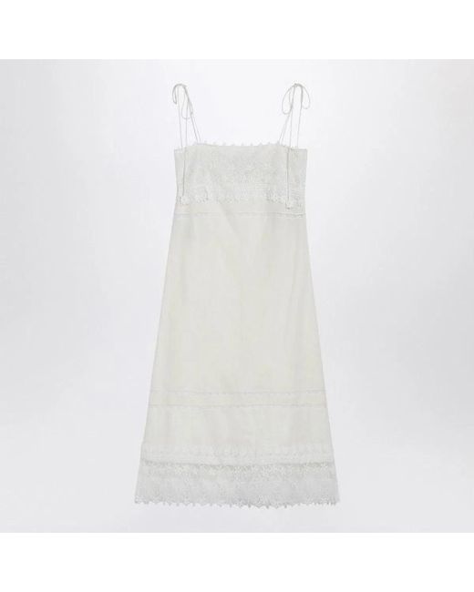 Valentino White Ivory Linen Midi Dress With Sangallo Embroidery
