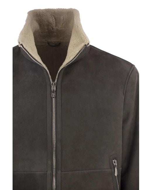 Brunello Cucinelli Black Shearling Jacket Featuring A Ribbed High Neck And Front Zip Fastening for men
