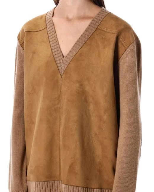 Prada Natural Wool And Cashmere Sweater With Lambskin Front