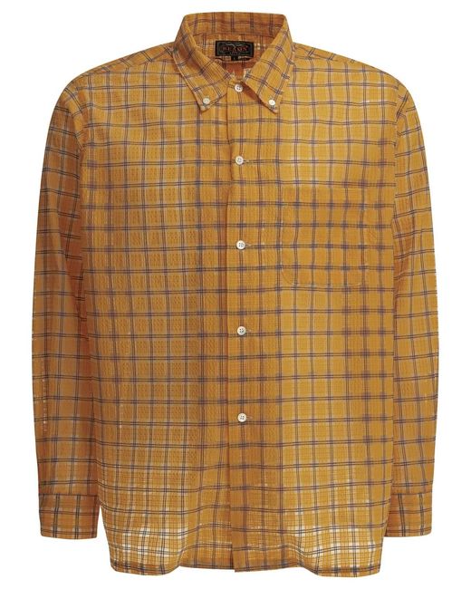 Beams Plus Brown Open Db Nylon Airy Plaid Nylon Casual Shirt for men
