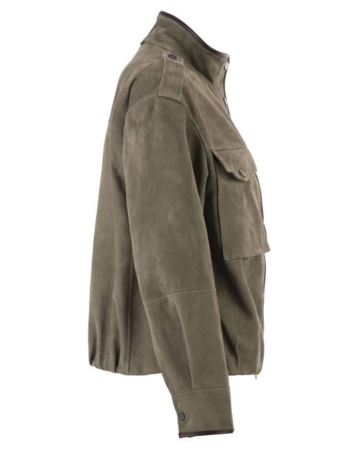 Brunello Cucinelli Green Suede Utility Jacket With Patch Pockets