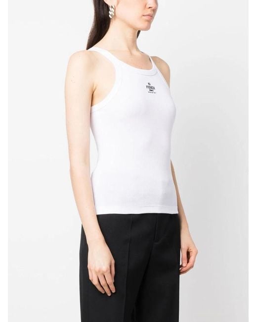 Fendi White Cotton Rib Sleeveless Top