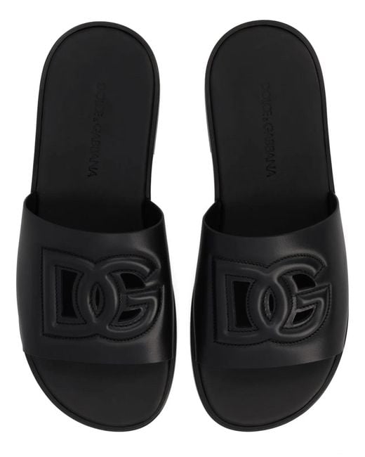 Dolce & Gabbana Black Dolce & Gabbana Leather Slippers With Logo for men