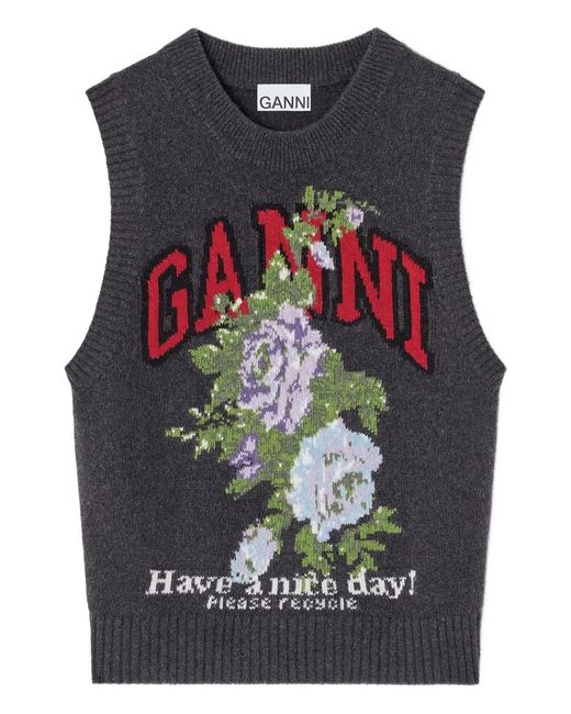 Ganni Gray Dark Rose Wool Vest