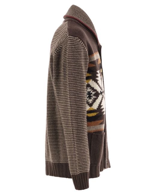 Fay Brown Wool Cardigan With Jacquard Pattern for men