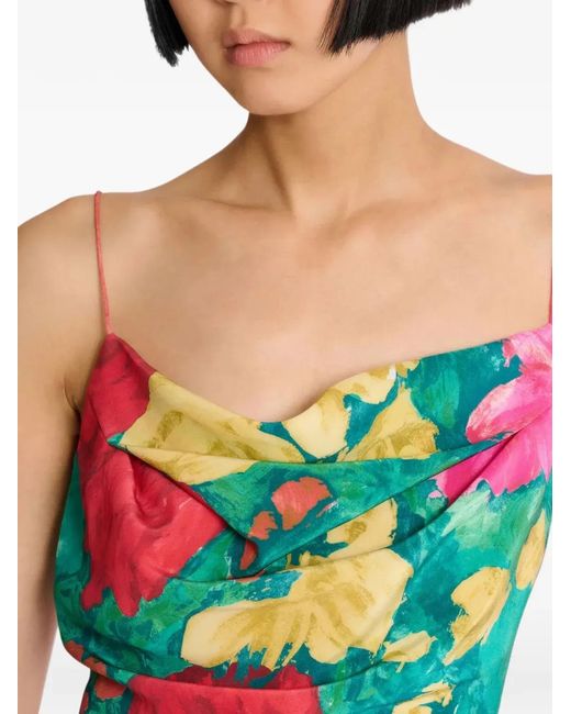 Balmain Green Crepe De Chine Top With Roses Print