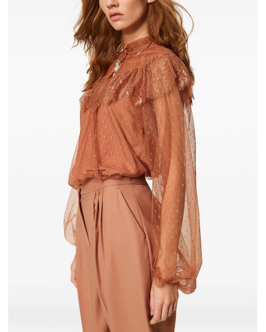 Twinset Brown Lace Ruffled Shirt