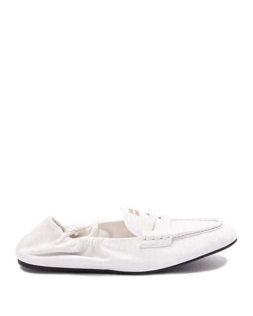Miu Miu White Ruches Nappa Leather Loafers