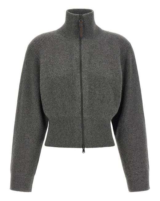 Brunello Cucinelli Gray Ribbed Cardigan With Leather Detail