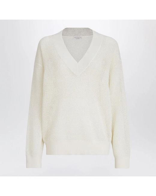 Brunello Cucinelli White Open-Knit V-Neck Sweater