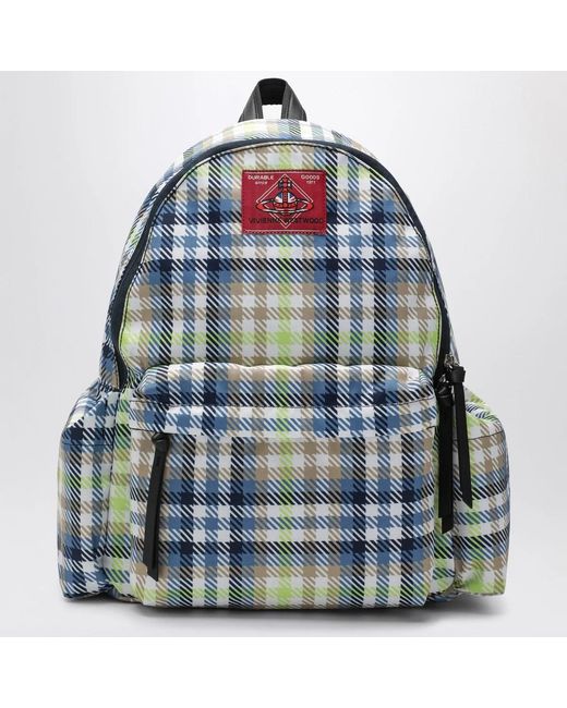 Vivienne Westwood Blue Medium Backpack With George Check Pattern And Logo