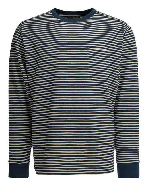 Beams Plus Gray Cotton Striped Crewneck T-Shirt for men