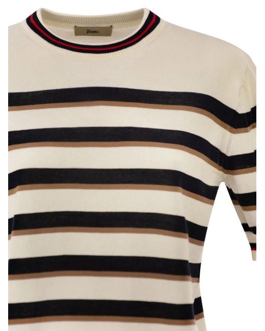 Herno White Short-Sleeved Striped Cotton Jumper