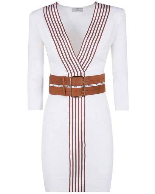 Elisabetta Franchi White Knit Fabric Dress With Striped Bands