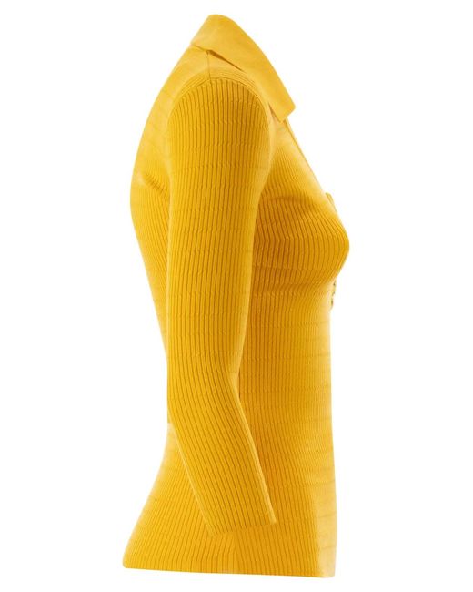 Elisabetta Franchi Yellow Micro-Cable Knit Polo Shirt