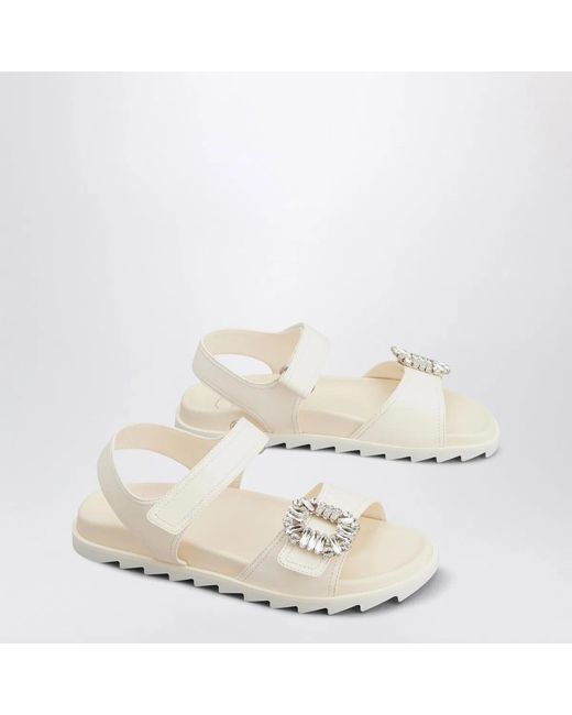 Roger Vivier White Ivory Leather Sandals With Crystal Buckle