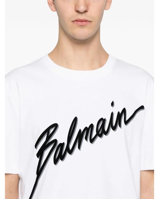 Balmain White Lettre Flocked T-Shirt for men