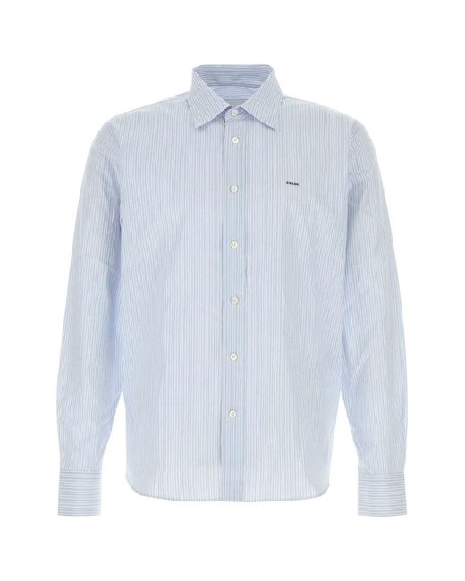 Prada Blue Embroidered Poplin Shirt for men