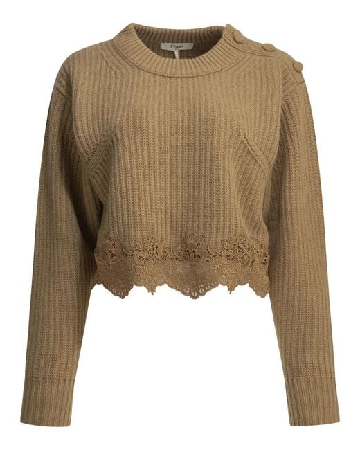 Chloé Natural Crew-Neck Sweater With Lace
