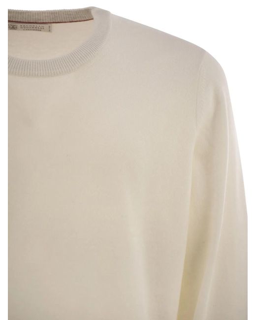 Brunello Cucinelli White Pure Cashmere Crew-Neck Sweater for men
