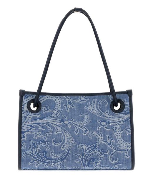 Etro Blue Embroidered Denim Small Eyes Shopping Bag
