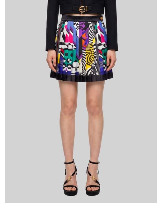 Versace Blue Printed Silk Twill Pleated Miniskirt