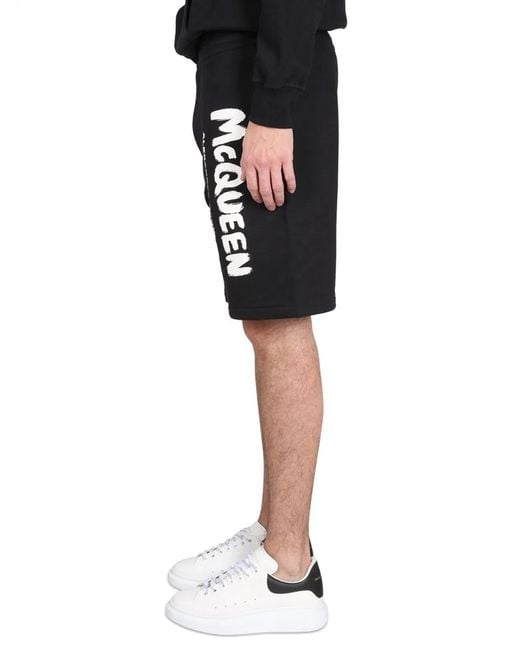 McQueen Black Bermuda Shorts With Graffiti Logo Print for men