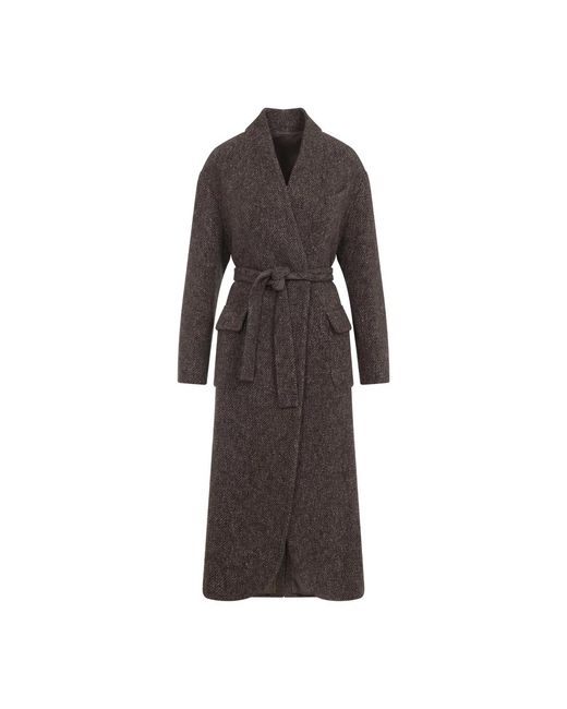 Brunello Cucinelli Brown Wool And Cashmere Diagonal Mélange Coat With Belt And Necklace