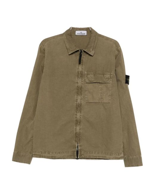 Stone Island Green Regular Fit Overshirt With Zip And Pocket for men
