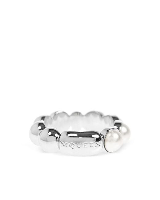 McQueen White Embellishment Skull Beaded Ring for men