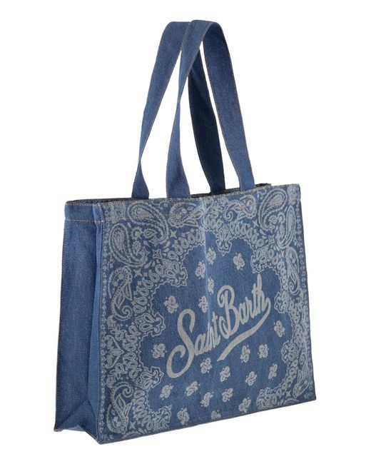 Mc2 Saint Barth Blue Denim Beach Tote Bag With Bandana Print