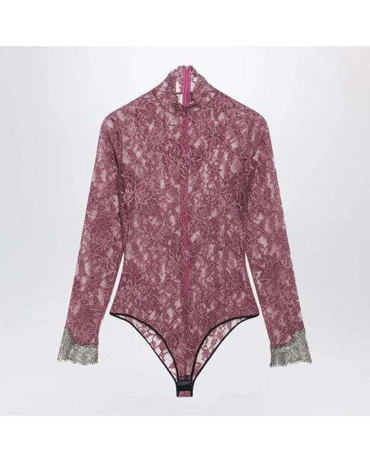 Valentino Purple Lace Bodysuit With Contrasting Cuffs