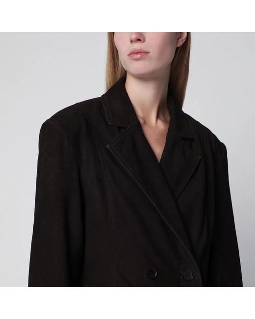 ROTATE BIRGER CHRISTENSEN Black Dark Double-Breasted Suede Coat