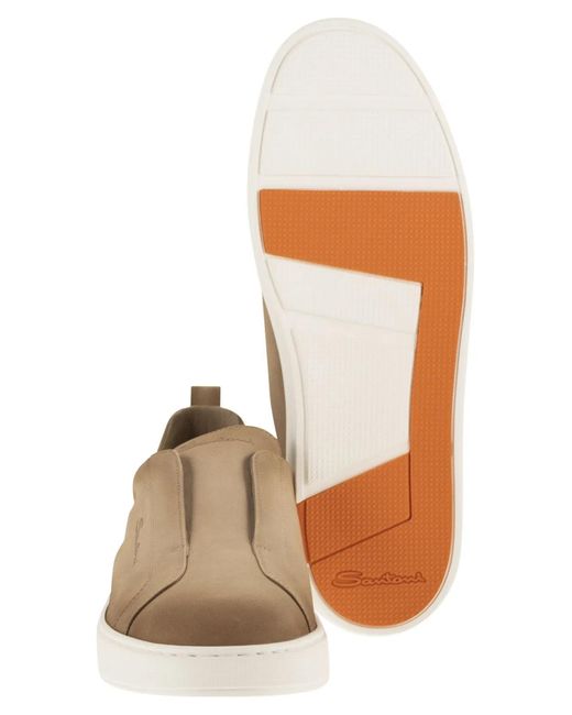 Santoni Brown Suede Leather Slip-On Trainers With Rubber Sole for men
