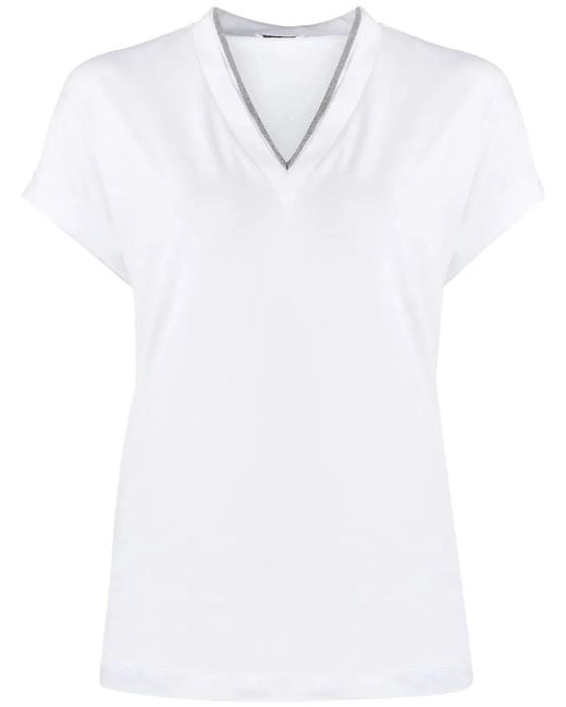 Brunello Cucinelli White Trim V-Neck Tee