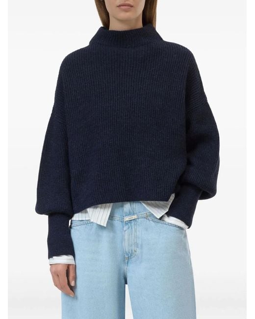 Closed Blue Ribbed Knit Funnel Neck