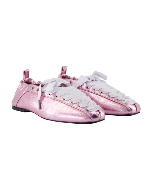 Ganni Purple Eyelet Lace Up Crinkle Ballerinas