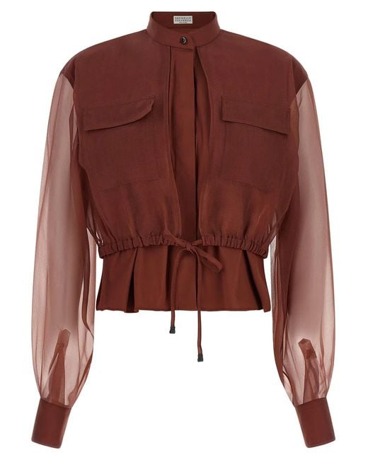 Brunello Cucinelli Brown Silk Sleeves Blouse